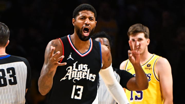 Nov 1, 2023; Los Angeles, California, USA;  LA Clippers forward Paul George (13) reacts against the Los Angeles Lakers during the second half at Crypto.com Arena. 