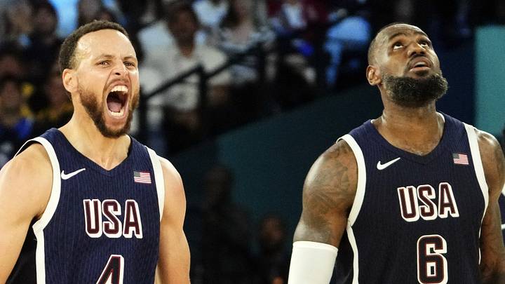 Stephen Curry (4) and guard LeBron James (6) of Team USA react in the second half against France in the men's basketball gold medal game during the Paris 2024 Olympic Summer Games at Accor Arena in Paris, France, on August 10, 2024.