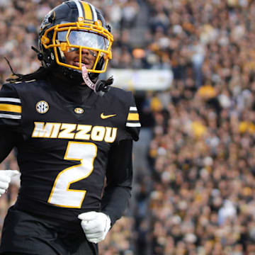 Nov 8, 2025; Columbia, Missouri, USA; Missouri Tigers wide receiver Marquis Johnson celebrates a play against Texas A&M at Faurot Field.