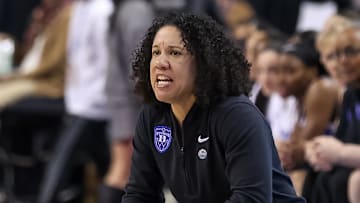 Mar 8, 2025; Greensboro, NC, USA; Duke Blue Devils head coach Kara Lawson watches the play during the third quarter against Notre Dame Fighting Irish at First Horizon Coliseum. Mandatory Credit: Cory Knowlton-Imagn Images