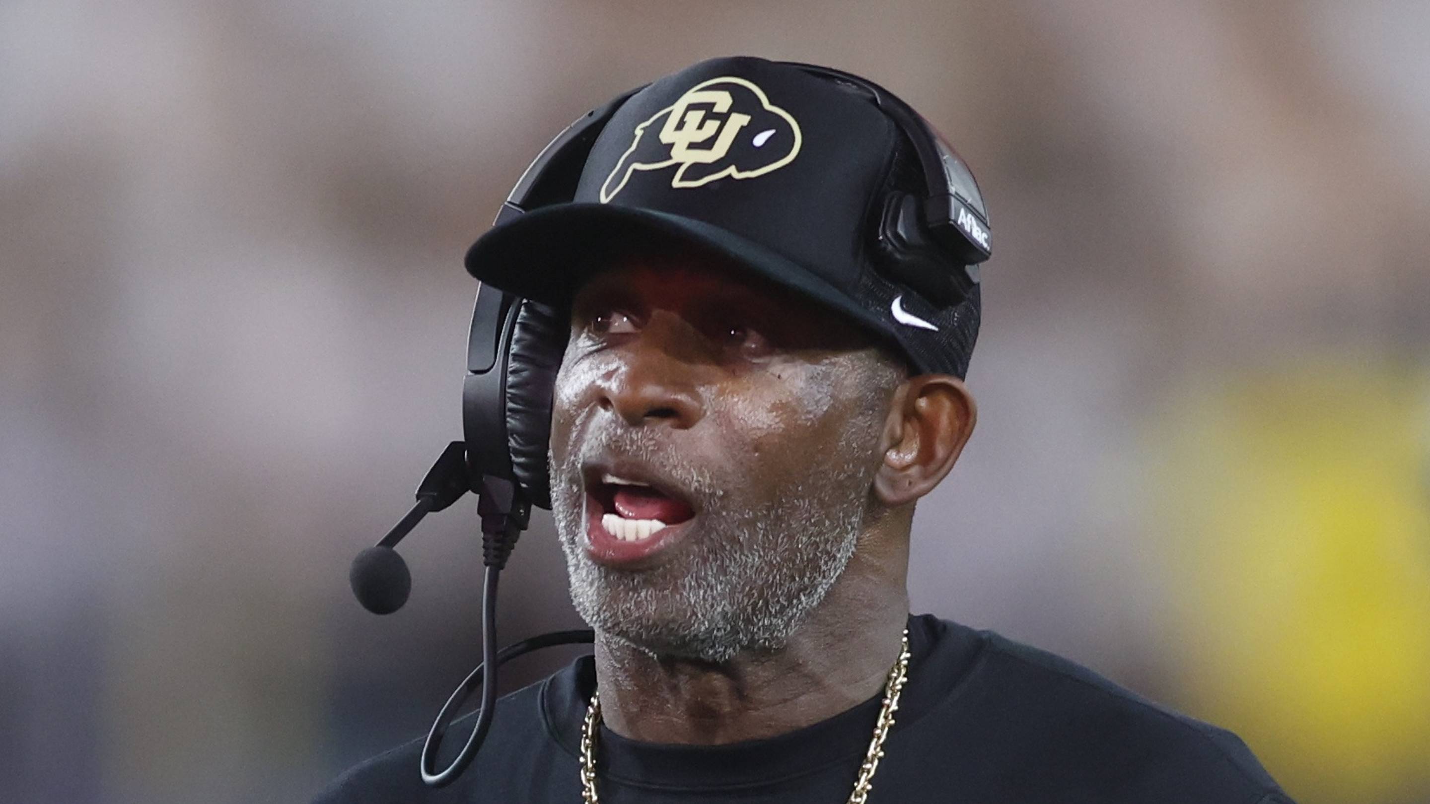 Sep 3, 2026; Atlanta, Georgia, USA; Colorado Buffaloes head coach Deion Sanders reacts in the first half against the Georgia Tech Yellow Jackets at Bobby Dodd Stadium at Hyundai Field. Mandatory Credit: Brett Davis-Imagn Images | IMAGN IMAGES via Reuters Connect