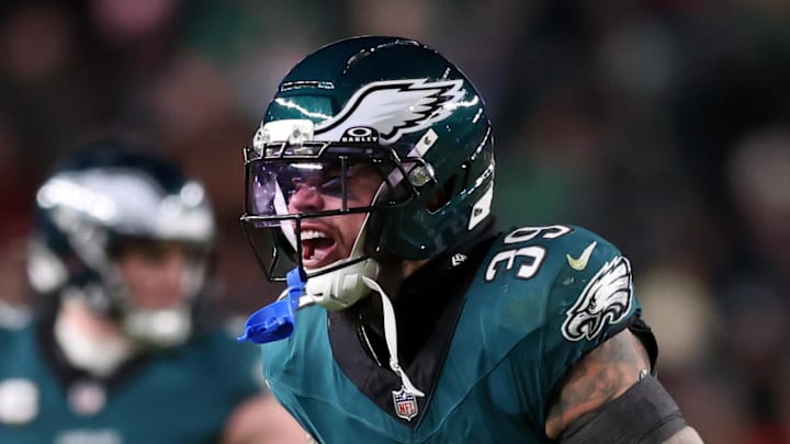 Jan 11, 2026; Philadelphia, PA, USA; Philadelphia Eagles safety Marcus Epps (39) reacts after a play against the San Francisco 49ers during the third quarter in an NFC Wild Card Round game at Lincoln Financial Field. Mandatory Credit: Bill Streicher-Imagn Images