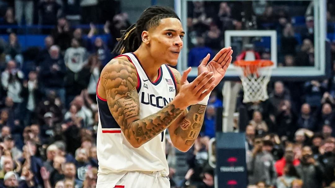 Feb 18, 2025; Hartford, Connecticut, USA; UConn Huskies guard Solo Ball (1) reacts after a play against the Villanova Wildcats in the second half at XL Center. Mandatory Credit: David Butler II-Imagn Images