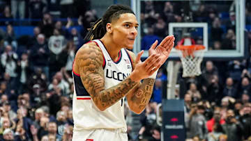 Feb 18, 2025; Hartford, Connecticut, USA; UConn Huskies guard Solo Ball (1) reacts after a play against the Villanova Wildcats in the second half at XL Center. Mandatory Credit: David Butler II-Imagn Images