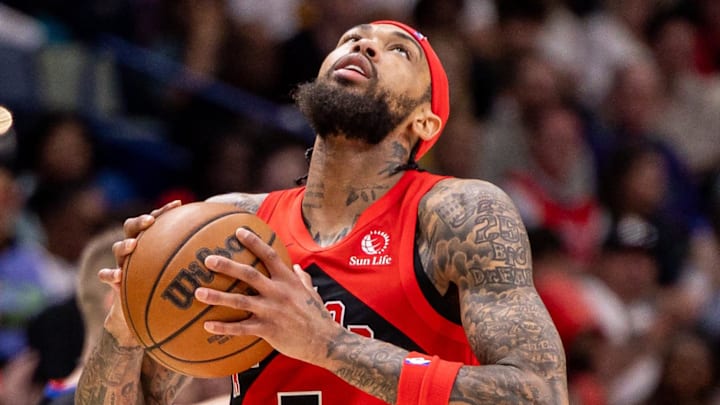 Mar 11, 2026; New Orleans, Louisiana, USA;  Toronto Raptors forward Brandon Ingram (3) reacts to a play against the New Orleans Pelicans during the second half at Smoothie King Center. Mandatory Credit: Stephen Lew-Imagn Images