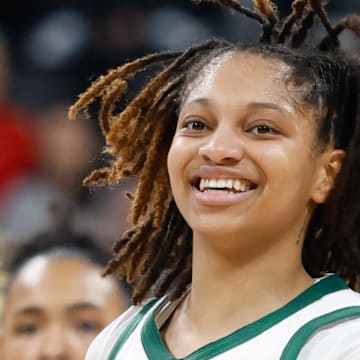 Nov 3, 2025; Paris, FRA;  Baylor Bears guard Taliah Scott (0) reacts after scoring a three-point basket against the Duke Blue Devils during the second half at Adidas Arena. Mandatory Credit: Chris Jones-Imagn Images