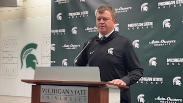 Michigan State hockey coach Adam Nightingale talks to the media after a 4-3 loss to New Hampshire on Oct. 9, 2025, to start the 2025-26 season.