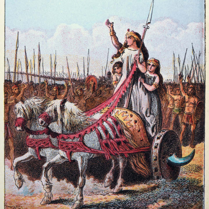 Boudica in her chariot, pulled by two white horses