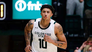 Mar 1, 2025; Fort Collins, Colorado, USA; Colorado State Rams guard Nique Clifford (10) reacts after a play in the second half against the Utah State Aggies at Moby Arena. Mandatory Credit: Isaiah J. Downing-Imagn Images