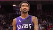Mar 20, 2025; Sacramento, California, USA; Sacramento Kings guard Malik Monk (0) looks on during the second quarter of the game against the Chicago Bulls at Golden 1 Center. Mandatory Credit: Ed Szczepanski-Imagn Images