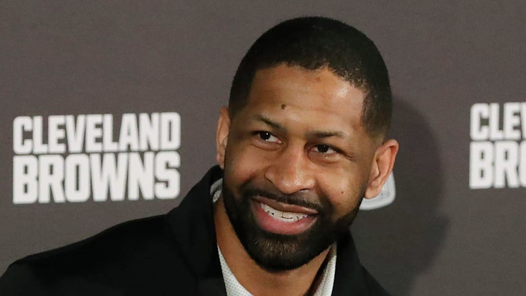 Cleveland Browns general manager Andrew Berry smiles as he discusses hiring Todd Monken.