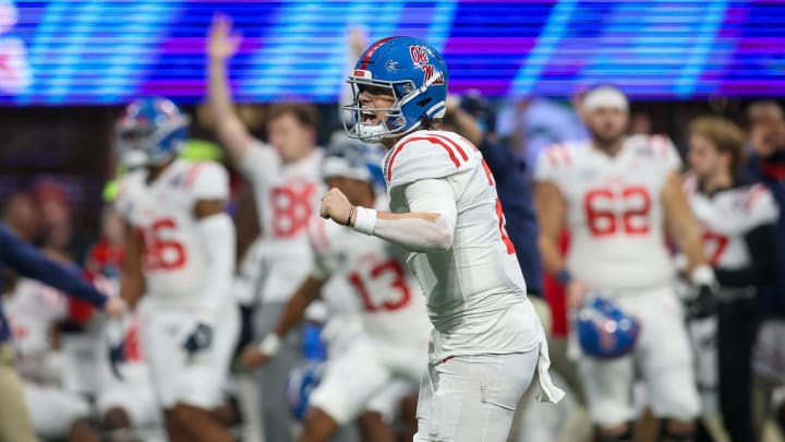 Dec 30, 2023; Atlanta, GA, USA; Mississippi Rebels quarterback Jaxson Dart (2) reacts after a touchdown throw against the Penn State Nittany Lions in the second half at Mercedes-Benz Stadium. Mandatory Credit: Brett Davis-USA TODAY Sports