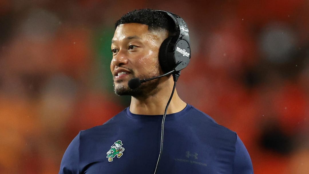 Aug 31, 2025; Miami Gardens, Florida, USA; Notre Dame Fighting Irish head coach Marcus Freeman reacts during the second quarter at Hard Rock Stadium. 