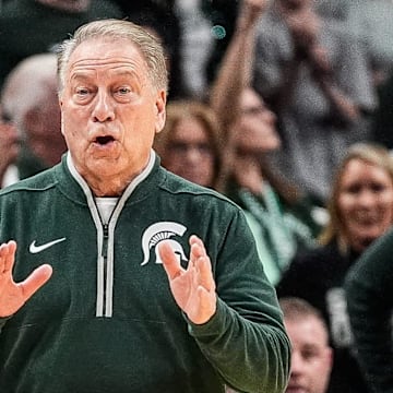 Michigan State head coach Tom Izzo reacts to a play against Auburn during the first half of the Elite Eight round of the NCAA tournament at State Farm Arena in Atlanta on Sunday, March 30, 2025.