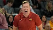 Nov 25, 2025; Las Vegas, Nevada, USA; Iowa State Cyclones head coach T.J. Otzelberger reacts during the second half in a 2025 Players Era Festival group play game against the Creighton Bluejays at Michelob Ultra Arena. 