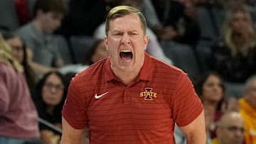Nov 25, 2025; Las Vegas, Nevada, USA; Iowa State Cyclones head coach T.J. Otzelberger reacts during the second half in a 2025 Players Era Festival group play game against the Creighton Bluejays at Michelob Ultra Arena. 