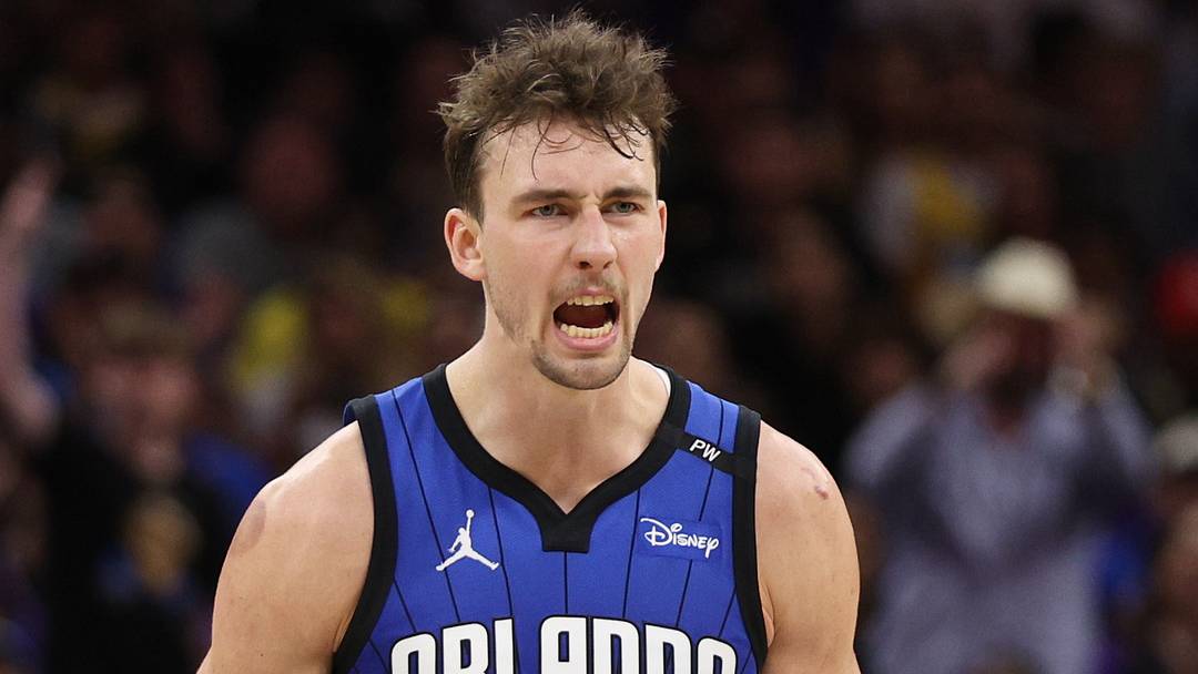 Mar 24, 2025; Orlando, Florida, USA; Orlando Magic forward Franz Wagner (22) reacts after a play against the Los Angeles Lakers in the fourth quarter at Kia Center. Mandatory Credit: Nathan Ray Seebeck-Imagn Images
