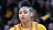 Feb 2, 2025; Iowa City, Iowa, USA; USC Trojans guard JuJu Watkins (12) in action during the game against the Iowa Hawkeyes at Carver-Hawkeye Arena. Mandatory Credit: Jeffrey Becker-Imagn Images