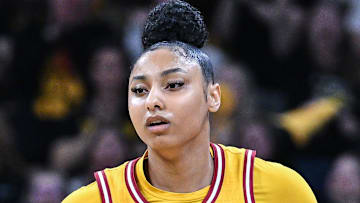 Feb 2, 2025; Iowa City, Iowa, USA; USC Trojans guard JuJu Watkins (12) in action during the game against the Iowa Hawkeyes at Carver-Hawkeye Arena. Mandatory Credit: Jeffrey Becker-Imagn Images