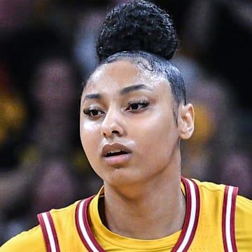 Feb 2, 2025; Iowa City, Iowa, USA; USC Trojans guard JuJu Watkins (12) in action during the game against the Iowa Hawkeyes at Carver-Hawkeye Arena. Mandatory Credit: Jeffrey Becker-Imagn Images