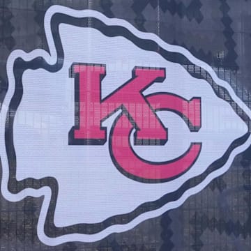 Nov 3, 2023; Frankfurt, Germany; A banner with Miami Dolphins and Kansas City Chiefs logos at Deutsche Bank Park  (Waldstadion). The stadium is site of the 2023 NFL Frankfurt Games between the Dolphins and Chiefs (Nov. 5) and the New England Patriots and Indianapolis Colts (Nov. 12). Mandatory Credit: Kirby Lee-Imagn Images