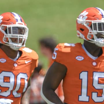 Clemson defensive end Jahiem Lawson (15) and Clemson defensive end Stephiylan Green (90) during the Spring football game in Clemson, S.C. Saturday, April 6, 2024.