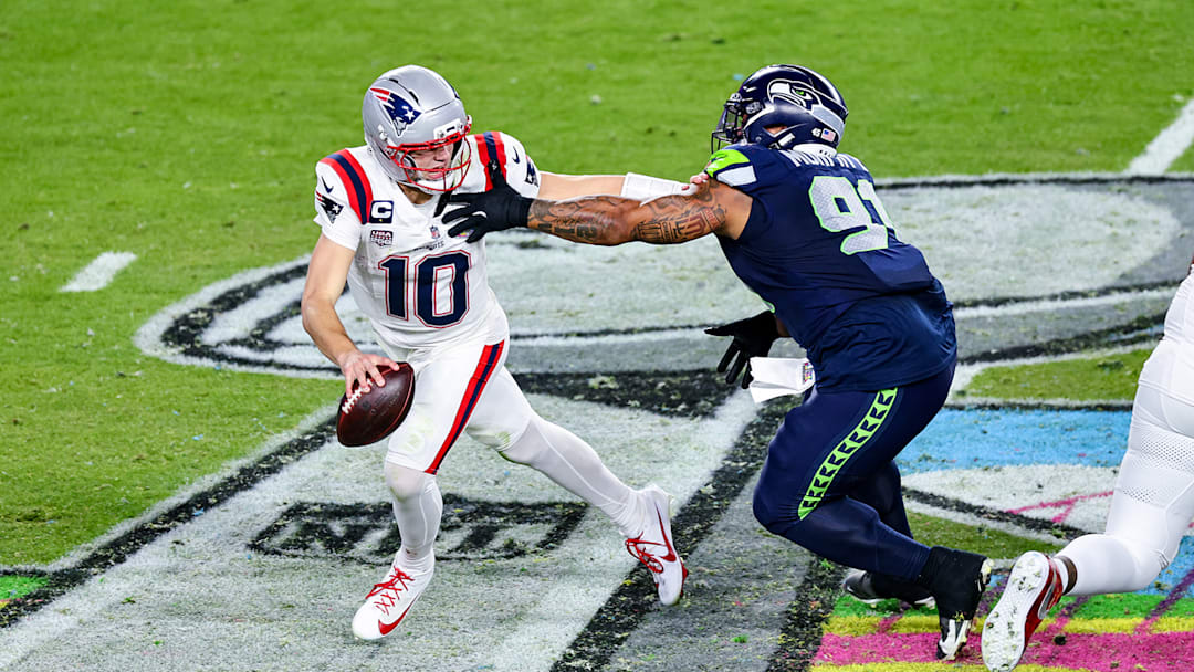Patriots quarterback Drake Maye was sacked six times and threw two interceptions in the loss to the Seahawks in Super Bowl LX.