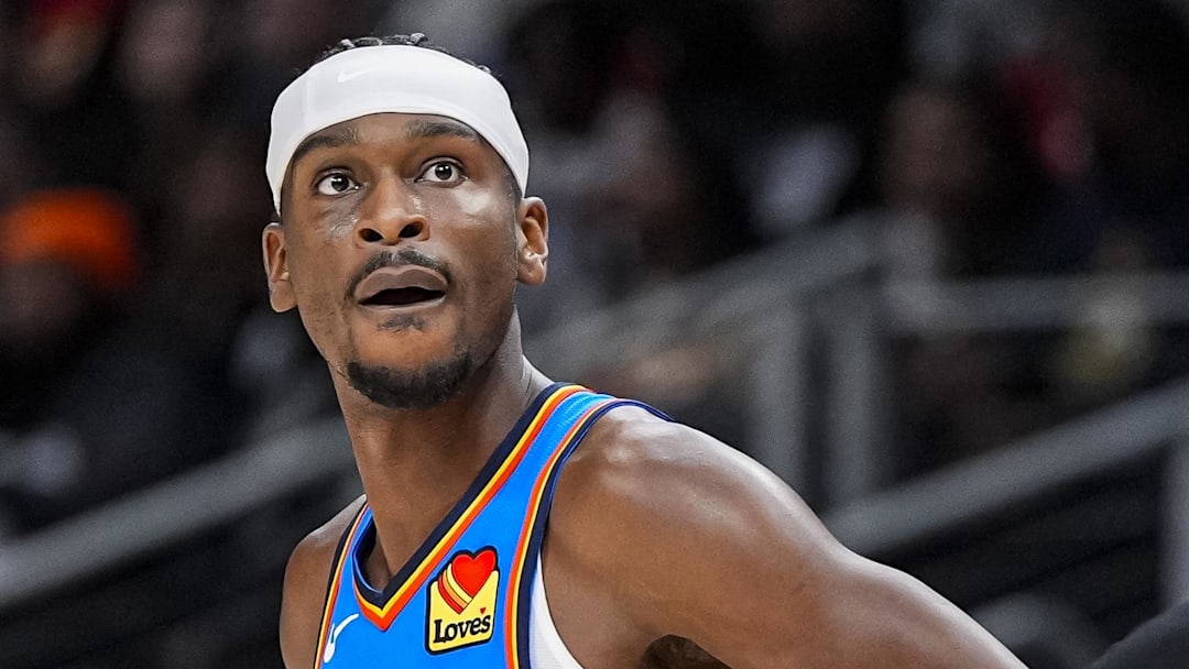 Oct 25, 2025; Atlanta, Georgia, USA; Oklahoma City Thunder guard Shai Gilgeous-Alexander (2) shown on the court against the Atlanta Hawks during the second half at State Farm Arena. Mandatory Credit: Dale Zanine-Imagn Images