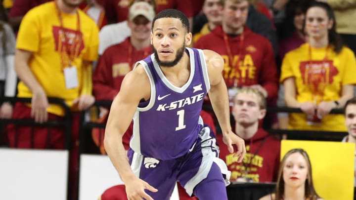 Feb 12, 2022; Ames, Iowa, USA; Kansas State Wildcats guard Markquis Nowell (1) starts a fast break