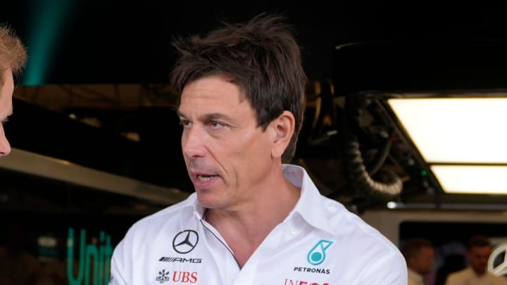 Prince Harry, Duke of Sussex, left, chats with Toto Wolff, Team Principal and CEO of Mercedes-AMG Petronas, in the garage at the Formula 1 Lenovo United States Grand Prix at Circuit of the Americas on Sunday October 22, 2023.