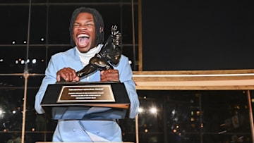 Dec 14, 2024; New York, NY, USA; Colorado Buffaloes wide receiver/cornerback Travis Hunter after winning the 2024 Heisman Trophy. Mandatory Credit: Todd Van Emst/Heisman Trust via Imagn Images
