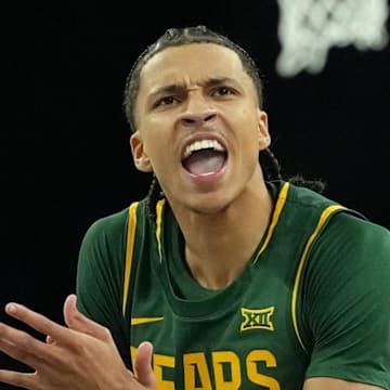 Nov 25, 2025; Las Vegas, Nevada, USA; Baylor Bears guard Cameron Carr (43) reacts in a 2025 Players Era Festival group play game against the St. John's Red Storm at Michelob Ultra Arena. Mandatory Credit: Kirby Lee-Imagn Images
