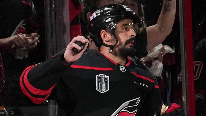 Jun 4, 2026; Raleigh, North Carolina, USA; Carolina Hurricanes right wing Seth Jarvis (24) receives the first star after scoring in overtime against the Vegas Golden Knights in game two of the 2026 Stanley Cup Final at Lenovo Center. Mandatory Credit: James Guillory-Imagn Images