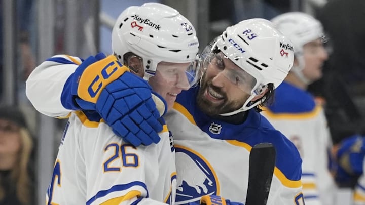 Jan 27, 2026; Toronto, Ontario, CAN; Buffalo Sabres forward Alex Tuch (89) congratulates defenseman Rasmus Dahlin (26) on his goal against the Toronto Maple Leafs during the third period at Scotiabank Arena. Mandatory Credit: John E. Sokolowski-Imagn Images