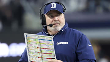 Nov 18, 2024; Arlington, Texas, USA; Dallas Cowboys head coach Mike McCarthy reacts during the first half against the Houston Texans at AT&T Stadium. Mandatory Credit: Kevin Jairaj-Imagn Images