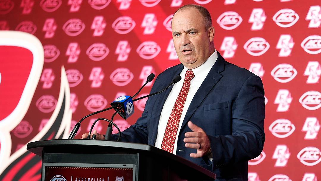 Jul 24, 2025; Charlotte, NC, USA;  Boston College head coach Bill O’Brien answers questions from the media during ACC Media Days at Hilton Charlotte Uptown. Mandatory Credit: Jim Dedmon-Imagn Images