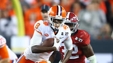 Jan 9, 2017; Tampa, FL, USA; Clemson Tigers wide receiver Deon Cain (8) runs the ball during the fourth quarter against the Alabama Crimson Tide in the 2017 College Football Playoff National Championship Game at Raymond James Stadium. Mandatory Credit: Mark J. Rebilas-Imagn Images