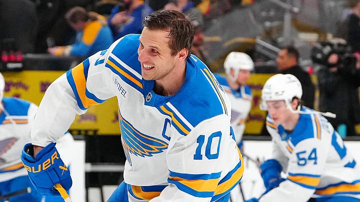 Jan 10, 2026; Las Vegas, Nevada, USA; St. Louis Blues center Brayden Schenn (10) warms up before a game against the Vegas Golden Knights at T-Mobile Arena. Mandatory Credit: Stephen R. Sylvanie-Imagn Images