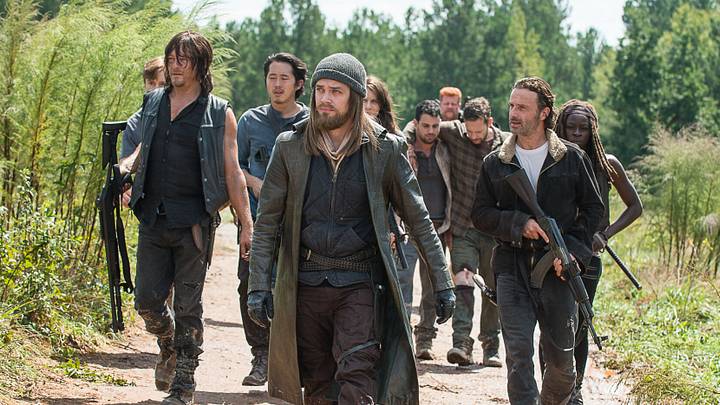 Steven Yeun as Glenn Rhee, Danai Gurira as Michonne, Michael Cudlitz as Abraham, Andrew Lincoln as Rick Grimes, Lauren Cohan as Maggie Greene, Norman Reedus as Daryl Dixon, and Tom Payne as Jesus – The Walking Dead _ Season 6, Episode 11 – Photo Credit: Gene Page/AMC