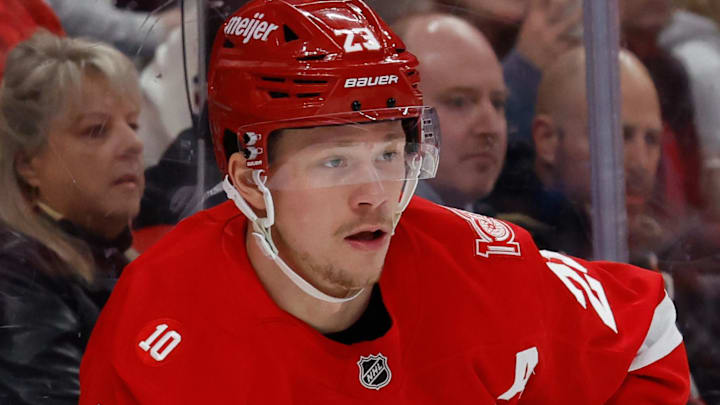 Jan 18, 2026; Detroit, Michigan, USA;  Detroit Red Wings left wing Lucas Raymond (23) skates with the puck in the second period against the Ottawa Senators at Little Caesars Arena. Mandatory Credit: Rick Osentoski-Imagn Images