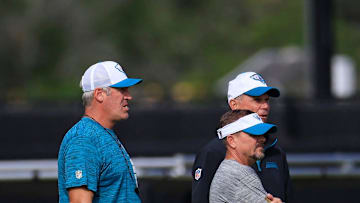 Jacksonville Jaguars head coach Doug Pederson left clockwise, Manager Trent Baalke and Jeff Ferguson, Vice President of player health and performance during the third day of an NFL football training camp practice Friday, July 26, 2024 at EverBank Stadium’s Miller Electric Center in Jacksonville, Fla.