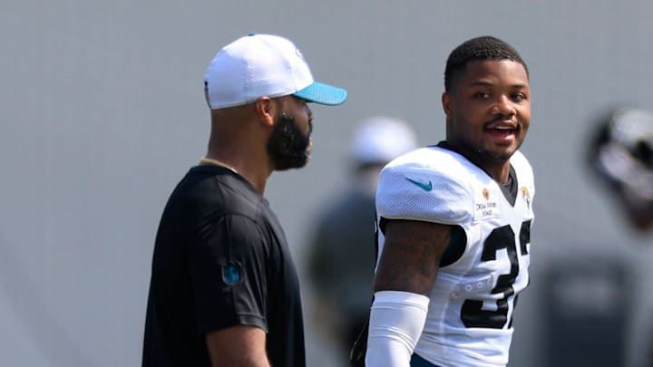 Jacksonville Jaguars cornerback Tyson Campbell (32) looks on during the seventh day of an NFL football training camp practice Wednesday, July 31, 2024 at EverBank Stadium’s Miller Electric Center in Jacksonville, Fla.