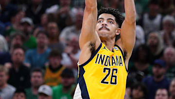 May 23, 2024; Boston, Massachusetts, USA; Indiana Pacers guard Ben Sheppard (26) shoots the ball against the Boston Celtics in the first half during game two of the eastern conference finals for the 2024 NBA playoffs at TD Garden. Mandatory Credit: David Butler II-Imagn Images