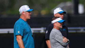 Jacksonville Jaguars head coach Doug Pederson, left clockwise, Manager Trent Baalke and Jeff Ferguson, Vice President of player health and performance, look on during the third day of an NFL football training camp practice Friday, July 26, 2024 at EverBank Stadium’s Miller Electric Center in Jacksonville, Fla.