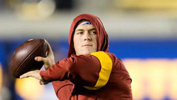 Dec 4, 2021; Berkeley, California, USA;  USC Trojans quarterback Jaxson Dart (2) warms up before the