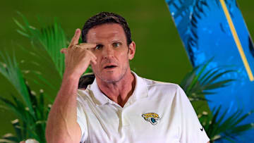 Jacksonville Jaguars Hall of Famer Tony Boselli tosses a t-shirt into the stands Thursday, Jan. 30, 2025 at EverBank Stadium in Jacksonville, Fla. Jaguars fans got a chance to see the new head coach speak and give a warm welcome at the stadium.