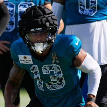 Jacksonville Jaguars wide receiver Christian Kirk (13) runs footwork drills during the ninth day of an NFL football training camp practice Saturday, Aug. 3, 2024 at EverBank Stadium in Jacksonville, Fla. Today marked the first day of public practice inside the stadium.