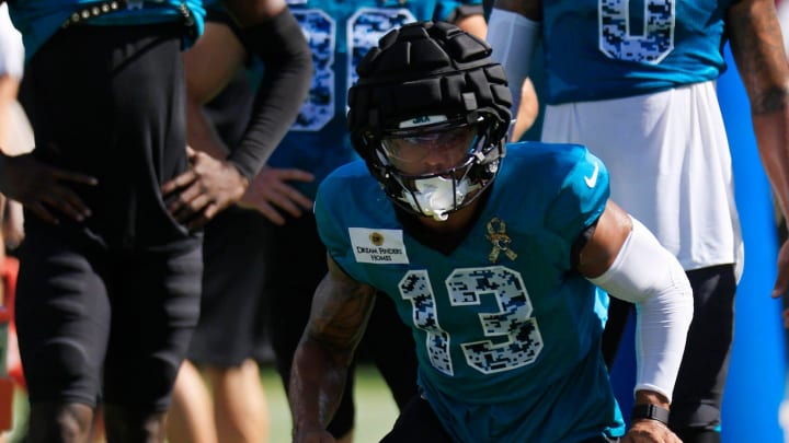 Jacksonville Jaguars wide receiver Christian Kirk (13) runs footwork drills during the ninth day of an NFL football training camp practice Saturday, Aug. 3, 2024 at EverBank Stadium in Jacksonville, Fla. Today marked the first day of public practice inside the stadium.