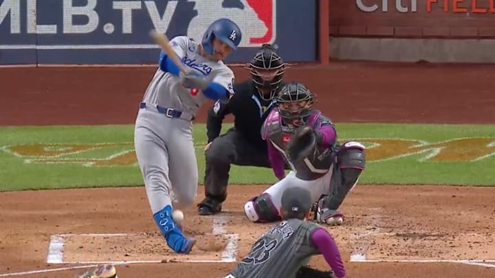 Los Angeles Dodgers catcher Dalton Rushing hits ball off his shin against the New York Mets. Los Angeles Dodgers catcher Dalton Rushing hits ball off his shin against the New York Mets.