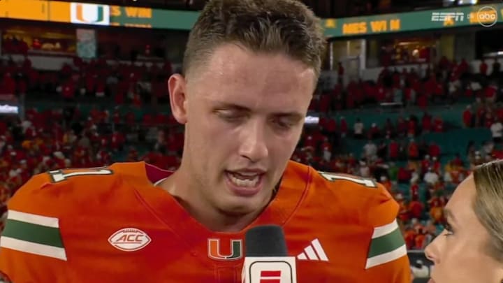 Miami QB Carson Beck had an emotional postgame interview after defeating Notre Dame.